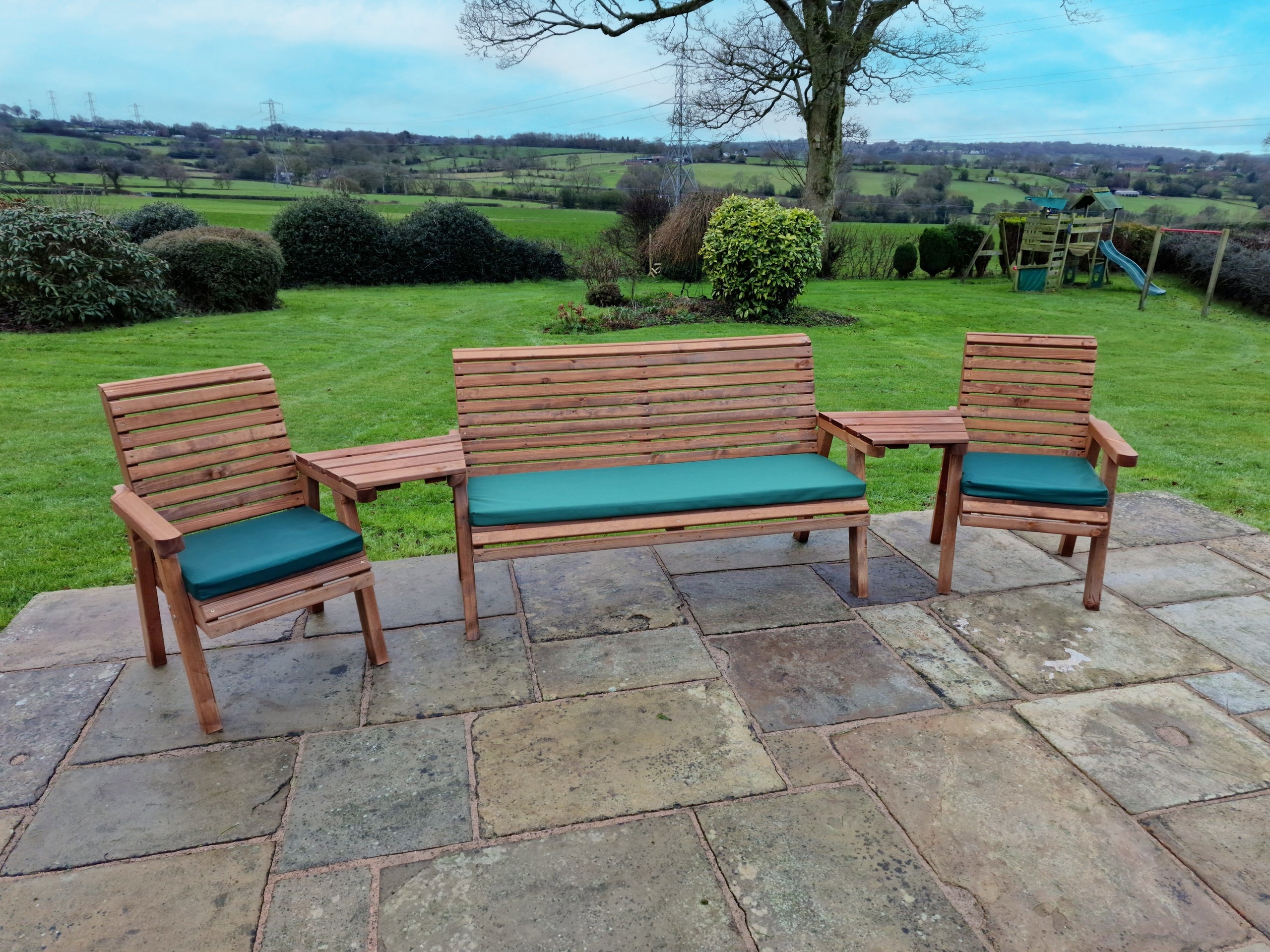 Valley 5 Seat Set 1x3 Bench 2x Chairs Straight Tray Seaside Garden Furniture